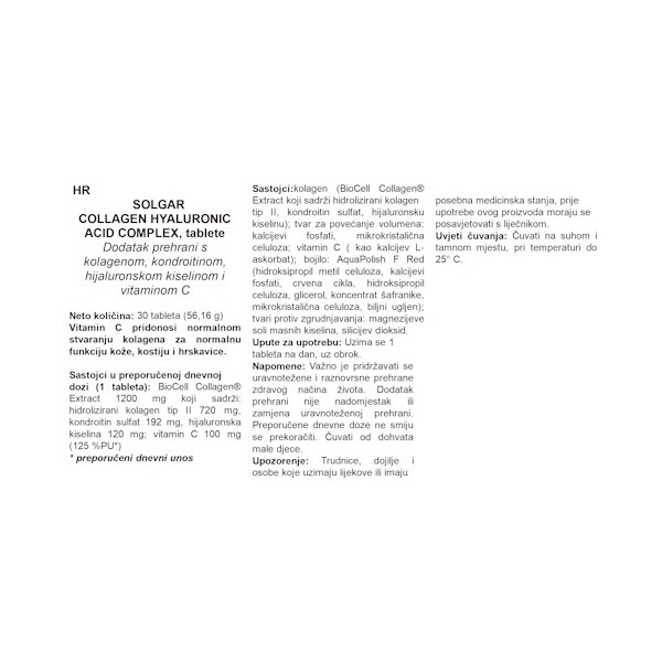 SOLGAR KOLGAEN HIJLAURONSKA KISELINA KOMPLEKS TABLETE A30
